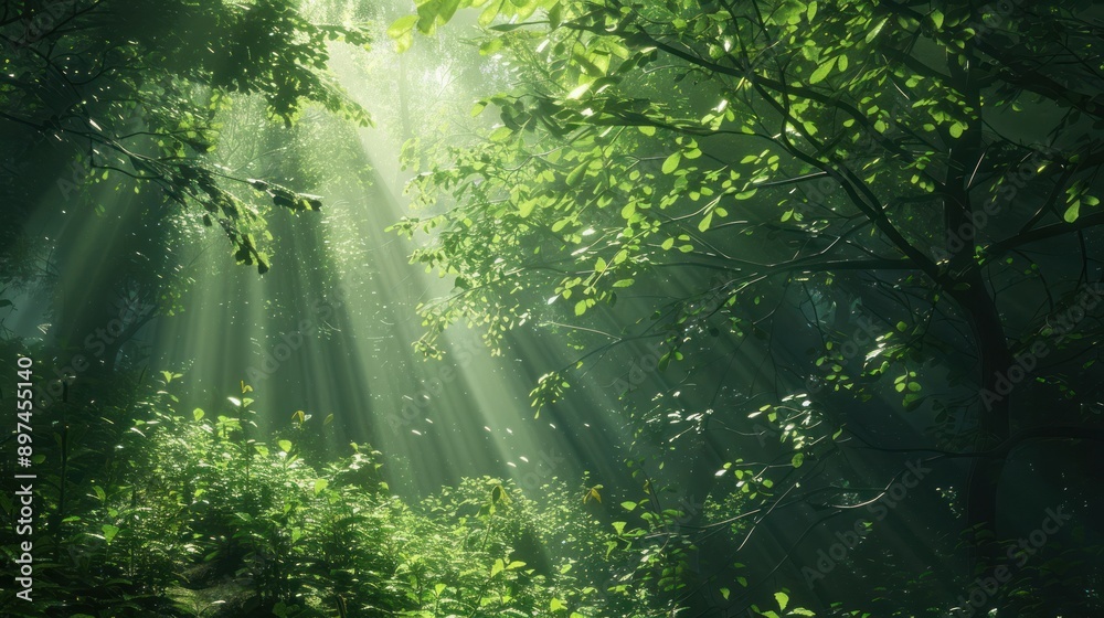 Obraz premium Sunlight Filtering Through the Trees in a Lush Green Forest