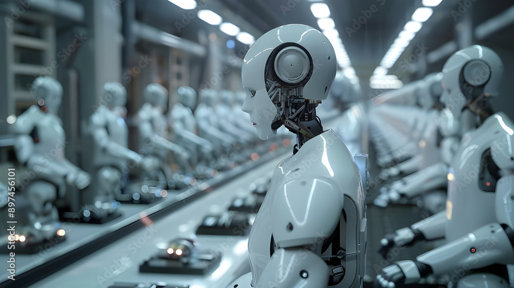 Fototapeta premium Robots line up in an advanced manufacturing facility, highlighting modern automation and precision in high-tech production environments.