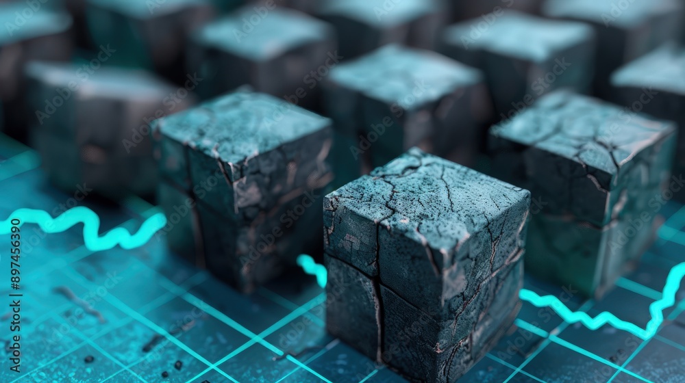 Close-up of 3D charcoal blocks in a stock market uptrend, indicating business growth on a cyan background. Close-up of 3D charcoal blocks in a stock market uptrend, indicating business growth on a cyan background.