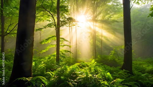 Beautiful Forest in the Morning with Misty Atmosphere and Sunrays Shining Through the Trees Creating a Serene and Magical Landscape