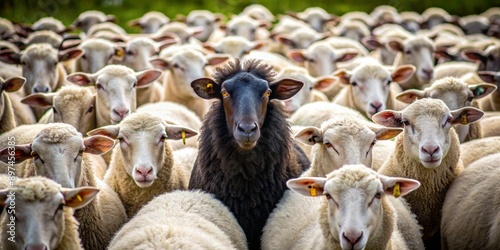 Black Sheep Amongst White Flock, sheep, flock, animal, black sheep , animal farm photo