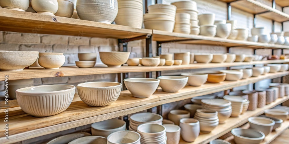 Ceramic Bowls and Pots on Wooden Shelves, Pottery, Handmade, Craft, Storage, Ceramic Bowls and Pots on Wooden Shelves, Pottery, Handmade, Craft, Storage,