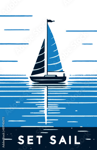 Blue and White Minimalistic rough sketch of a sailboat on calm seas, with the text '"Set Sail"