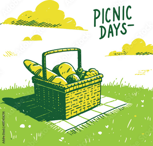 Green and Yellow Minimalistic rough cartoon sketch of a picnic basket on a grassy field, with the text "Picnic Days"