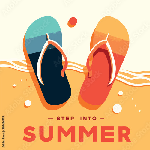 Pair of colorful flip-flops on a sandy beach. Minimalistic simple illustration with the text "Step into Summer"