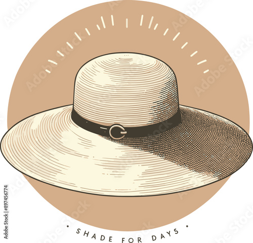 Stylish sunhat against a sunny background. Elegant minimalistic simple illustration with the text "Shade for Days"