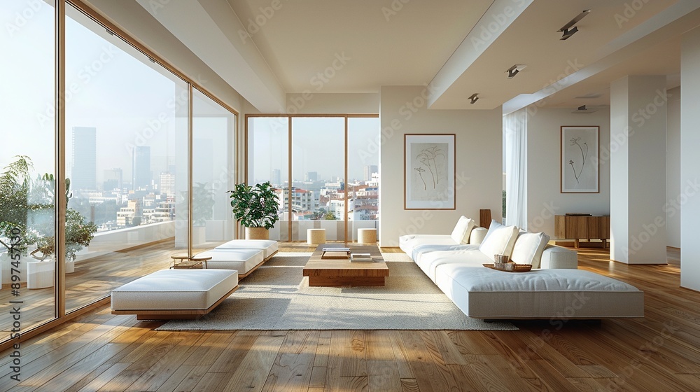 Fototapeta premium Serene Cityscape Sanctuary: A sun-drenched, minimalist living room offers panoramic city views, inviting tranquility and urban sophistication. 