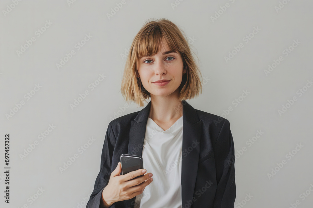 Photo of Portrait a Caucasian working woman in late 30s short and Medium Length bob with bangs hair Photo of Portrait a Caucasian working woman in late 30s short and Medium Length bob with bangs hair