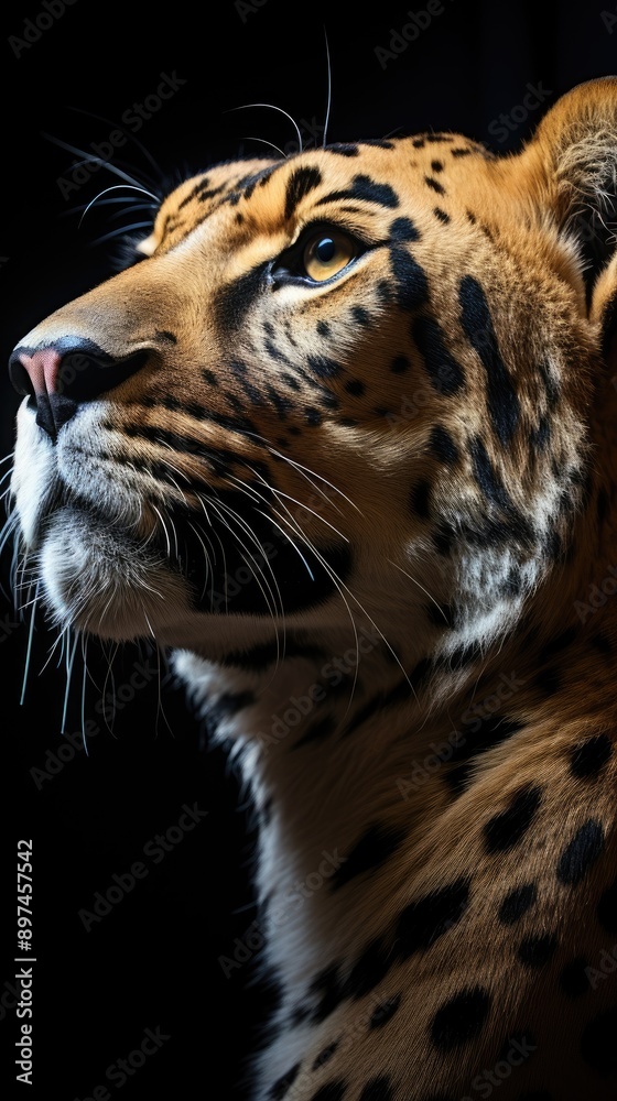 Obraz premium head profile closeup of spotted cheetah isolated on black background with copyspace area 