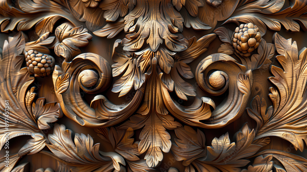 Close-up of an intricate wooden floral carving showcasing detailed leaves and flowers in a rich, warm tone, highlighting craftsmanship.. Close-up of an intricate wooden floral carving showcasing detailed leaves and flowers in a rich, warm tone, highlighting craftsmanship..