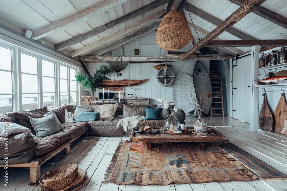 Cozy living room combining rustic charm and beach house vibes with unique decoration Cozy living room combining rustic charm and beach house vibes with unique decoration