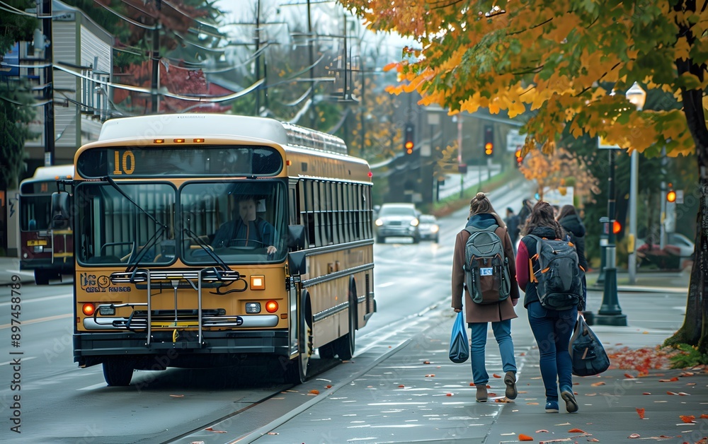 Fototapeta premium Students walking by a city bus on a rainy autumn day with colorful leaves and urban street scene; featuring a yellow school bus.