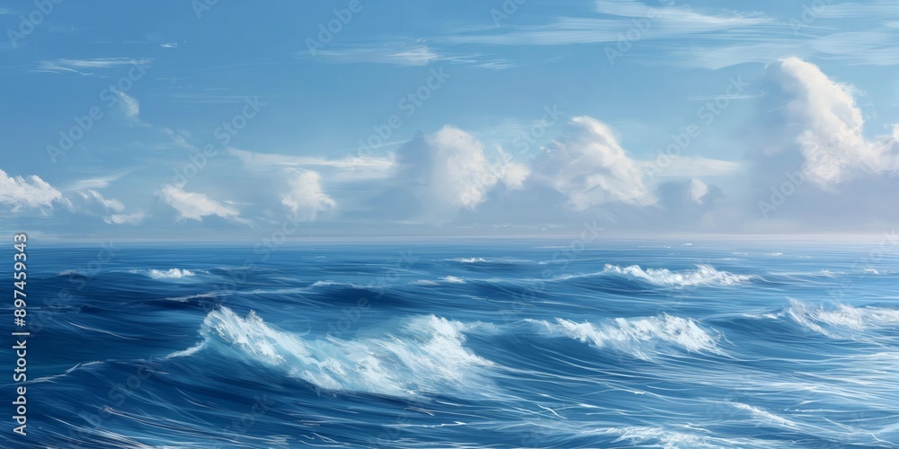 Fototapeta premium Tranquil ocean waves under a blue sky with scattered clouds, evoking peaceful and serene maritime scenery.