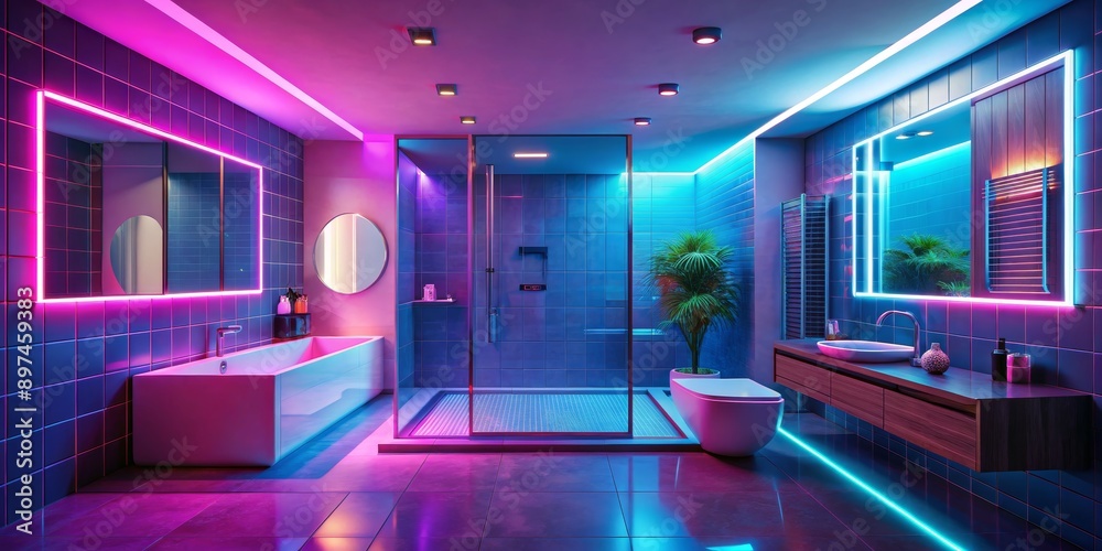 Neon Bathroom Interior Design with Pink and Blue Lighting, 3D Rendering, Modern Bathroom, Bathroom Design, Neon Lights, Bathroom Interior Neon Bathroom Interior Design with Pink and Blue Lighting, 3D Rendering, Modern Bathroom, Bathroom Design, Neon Lights, Bathroom Interior