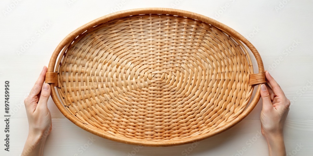 Hands Holding a Round Wicker Basket, White Background, Top View, Woven, Natural, Rustic, Craft Hands Holding a Round Wicker Basket, White Background, Top View, Woven, Natural, Rustic, Craft