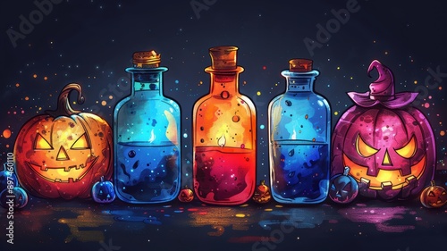 Colorful Halloween Potion Bottles and Jack-o'-Lanterns Against a Dark Background with Sparkling Lights and Festive Atmosphere