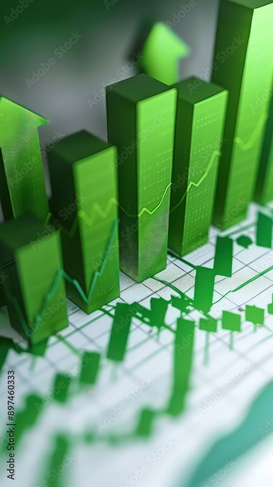 Close-up of 3D green blocks creating an ascending stock chart, showcasing financial success on a white background. Close-up of 3D green blocks creating an ascending stock chart, showcasing financial success on a white background.
