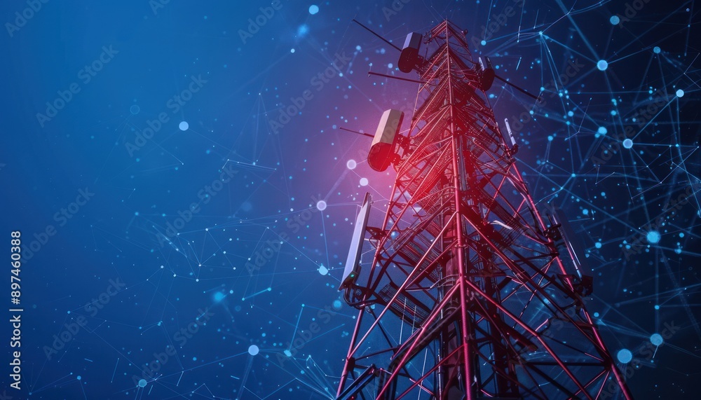 Cell Tower with a Blue Network Overlay