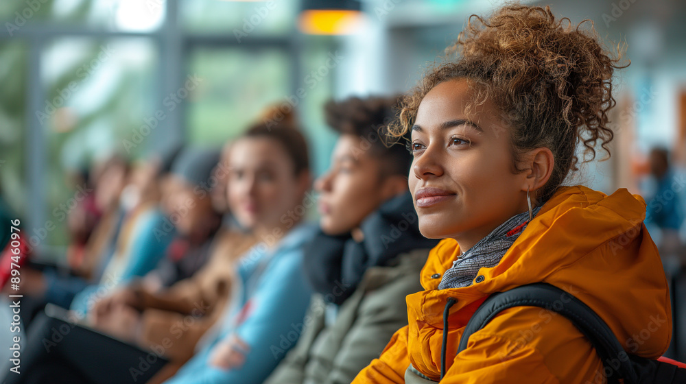 A telephoto angle photo of a group of people sitting in a queue on a bench, engaged in lively conversation, with copy space A telephoto angle photo of a group of people sitting in a queue on a bench, engaged in lively conversation, with copy space