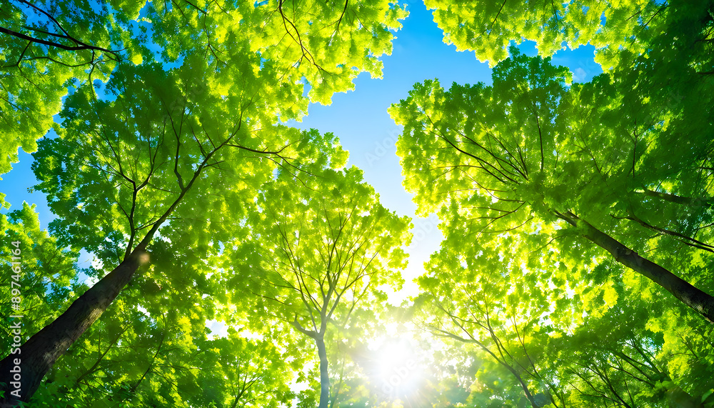 A View from Below into the Treetops with Sunlight Filtering Through, Capturing the Beauty of Nature and the Serenity of the Forest A View from Below into the Treetops with Sunlight Filtering Through, Capturing the Beauty of Nature and the Serenity of the Forest