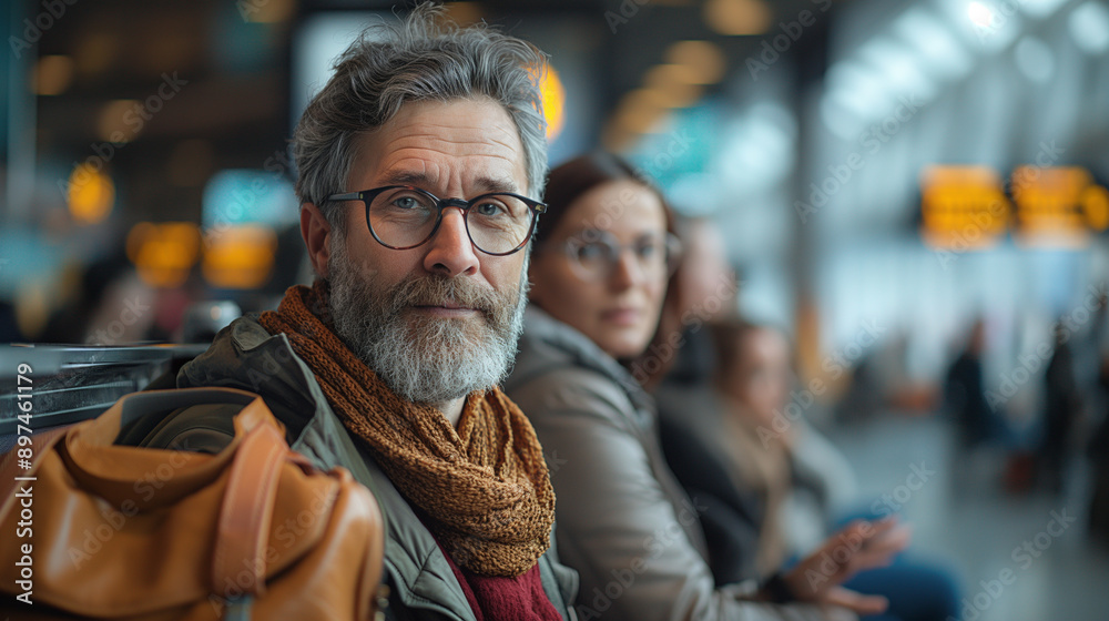 A telephoto angle photo of travelers sitting in a queue at an airport gate, sharing travel stories, with copy space A telephoto angle photo of travelers sitting in a queue at an airport gate, sharing travel stories, with copy space