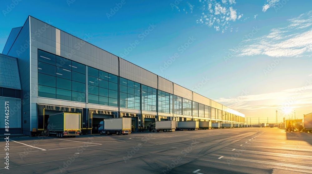 Semi-trucks loading at a large warehouse with a sunset sky Semi-trucks loading at a large warehouse with a sunset sky