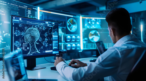 A data scientist working in a futuristic lab, analyzing AI and neural networks on multiple screens filled with complex data visualizations.