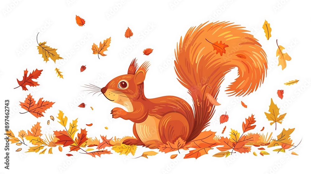 Obraz premium Autumn Squirrel with Falling Leaves