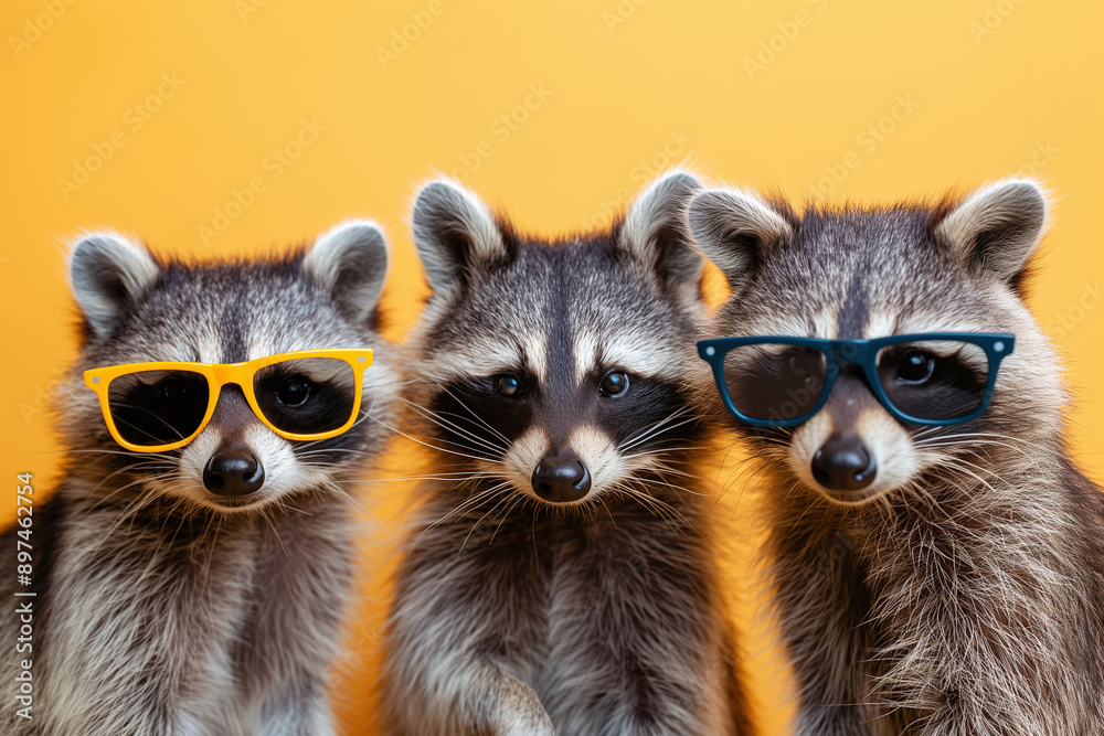 Three raccoons wearing sunglasses, posing against a bright orange background Three raccoons wearing sunglasses, posing against a bright orange background