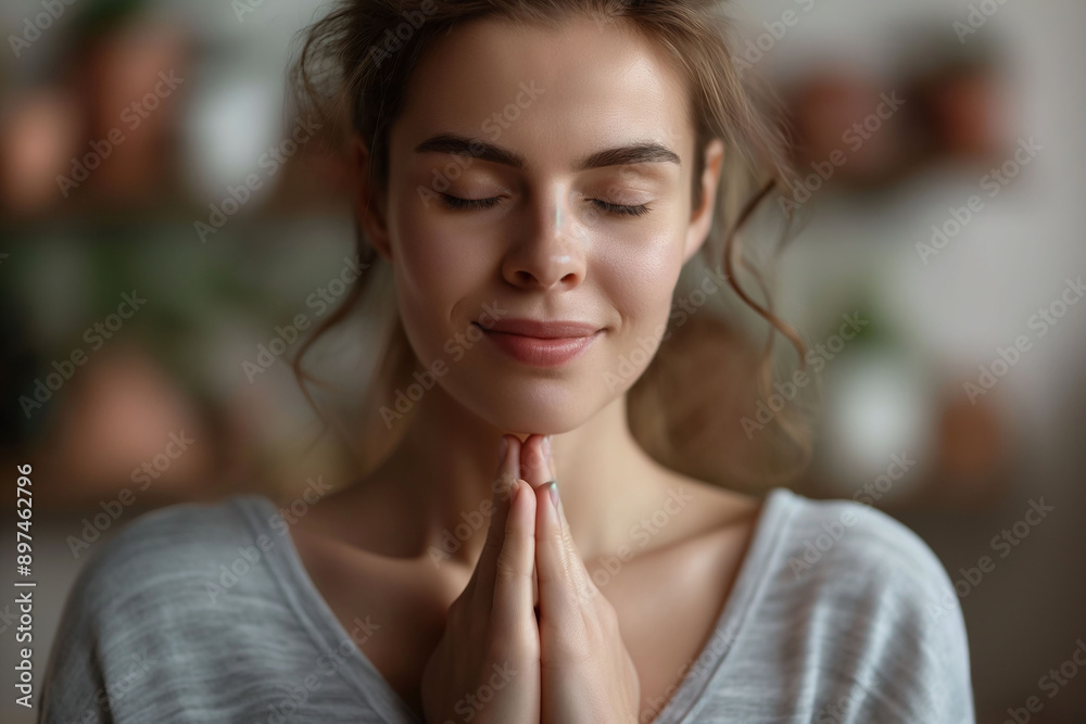 Obraz premium Close-up of a calm young Caucasian woman with eyes closed and hands in a prayer gesture