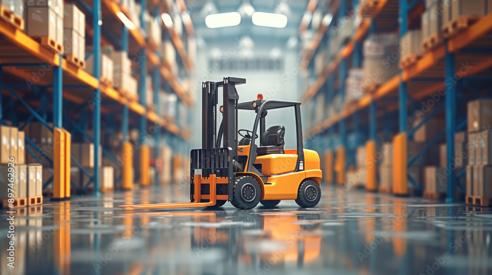 Orange and black forklift truck lifting wooden pallet full of boxes in a warehouse full of containers and packages. Industrial storage vehicle doing product distribution. Generative AI. Orange and black forklift truck lifting wooden pallet full of boxes in a warehouse full of containers and packages. Industrial storage vehicle doing product distribution. Generative AI.