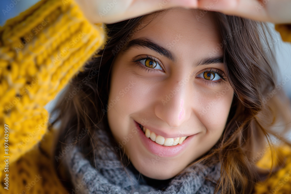 Close-up of a smiling young woman with brown hair, wearing a yellow sweater, framing her face with hands Close-up of a smiling young woman with brown hair, wearing a yellow sweater, framing her face with hands