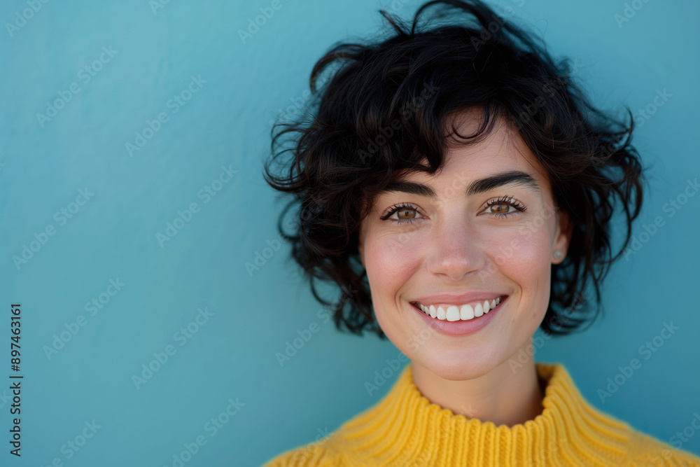 Close-up of a smiling woman with short curly hair, wearing a yellow sweater, standing against a blue background Close-up of a smiling woman with short curly hair, wearing a yellow sweater, standing against a blue background