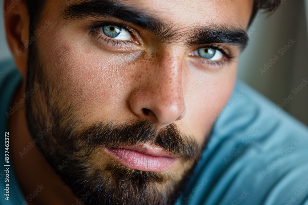 A close-up shot of a bearded man with blue eyes and an intense gaze