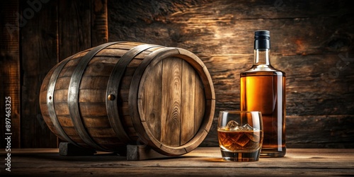 Whiskey Barrel, Bottle, and Glass, rustic, wood, drink, liquor