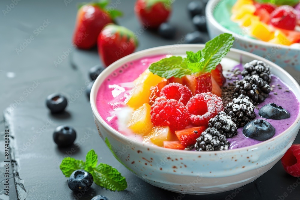 Layered rainbow smoothie bowls, vibrant health food, with copy space Layered rainbow smoothie bowls, vibrant health food, with copy space