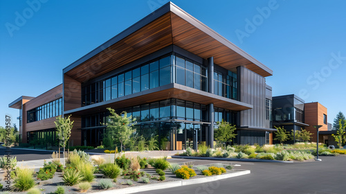 The exterior of a modern office building, characterized by sleek lines, large windows, and professional landscaping, reflecting a blend of functionality and contemporary design. © DESIRED_PIC