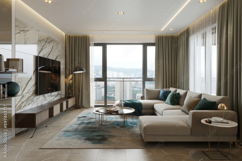 Luxury living room interior design with a large window overlooking the city. Luxury living room interior design with a large window overlooking the city.