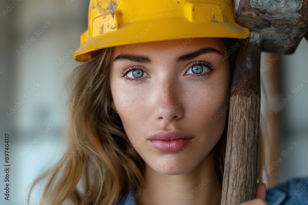 Close-up portrait of a young woman wearing a yellow hard hat and holding a hammer, showcasing determination and confidence Close-up portrait of a young woman wearing a yellow hard hat and holding a hammer, showcasing determination and confidence