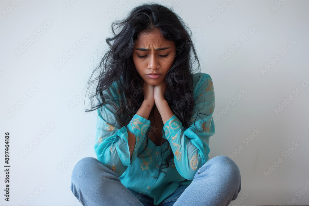 young woman sitting on floor giving sad expression young woman sitting on floor giving sad expression