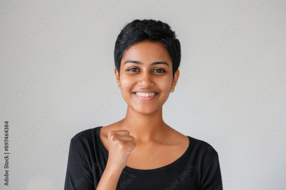 young woman short hair giving yes gesture on white background young woman short hair giving yes gesture on white background