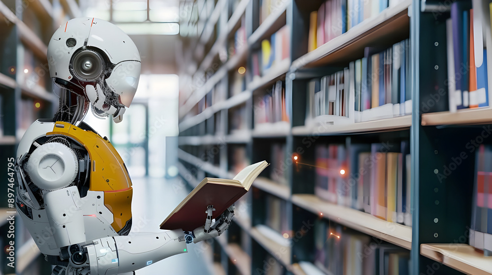 A humanoid robot stands in a modern library, engrossed in reading a book amidst rows of colorful bookshelves.