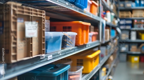 Shallow Depth of Field Shot of Labeled Containers on Shelves in Home Storage Room