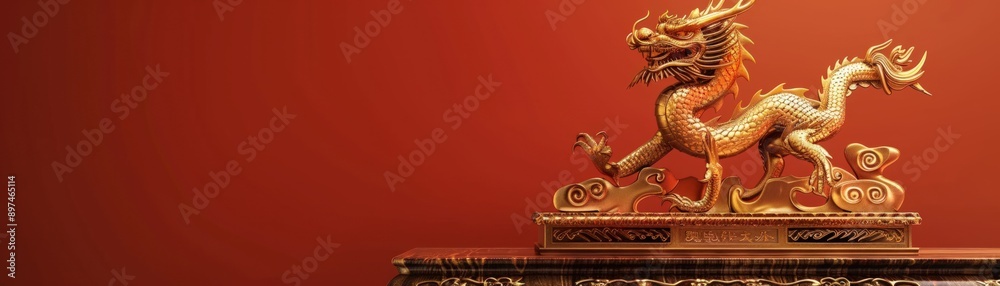 A gold dragon statue sits on a table A gold dragon statue sits on a table