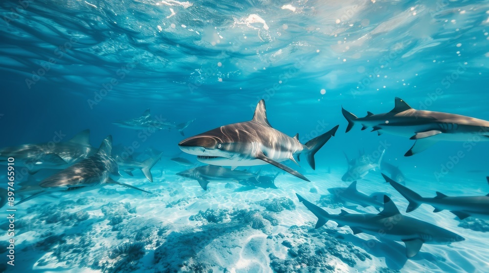 Obraz premium dangerous sharks , most dangerous sharks in the world , shark attacks in tropical waters , marine ecosystem