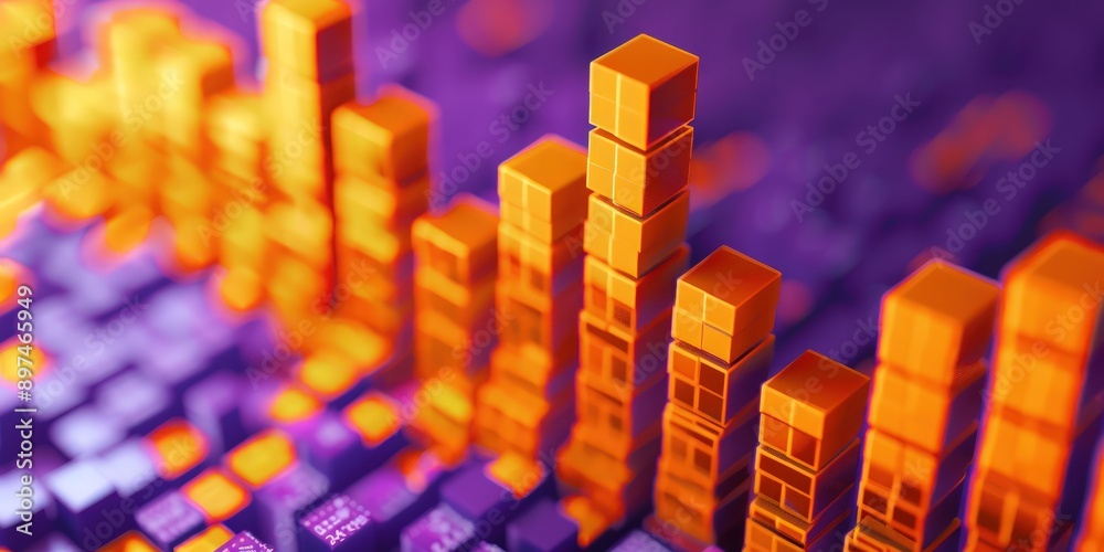 Close-up of 3D ochre blocks depicting an upward stock chart, showcasing business growth on a purple backdrop. Close-up of 3D ochre blocks depicting an upward stock chart, showcasing business growth on a purple backdrop.