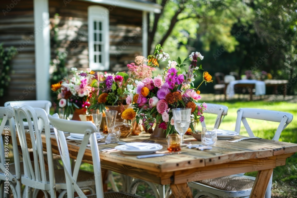 Wedding table setting in the garden. Table with cutlery and flowers Wedding table setting in the garden. Table with cutlery and flowers