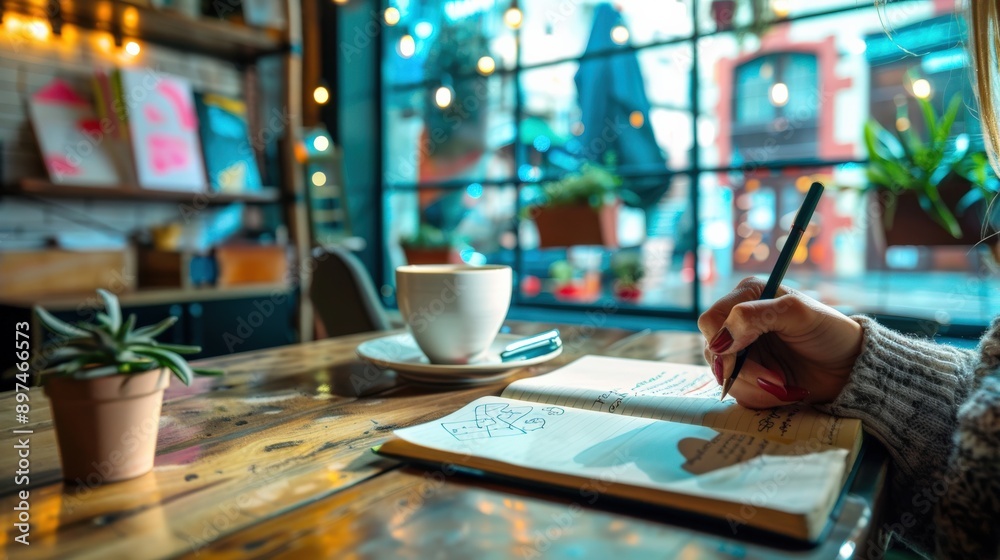 An entrepreneur brainstorming business ideas while sketching in a notebook at a cozy corner of a bustling city cafe.