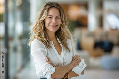 young businesswoman standing confidently at office