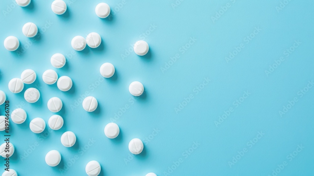 Top view of pills on blue background pharmaceutical concept Top view of pills on blue background pharmaceutical concept